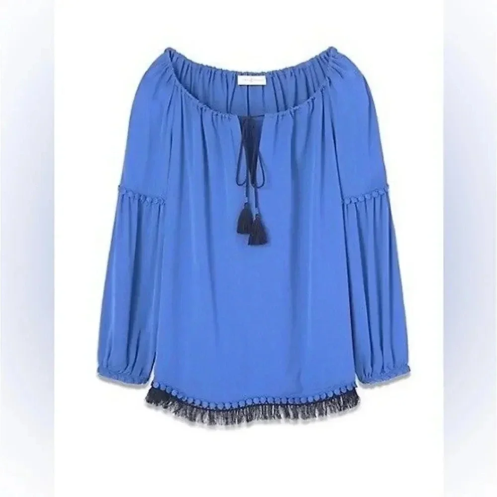 Tory Burch Sylvie 100% Silk Fringe Tunic Blouse Blue Navy Size 4